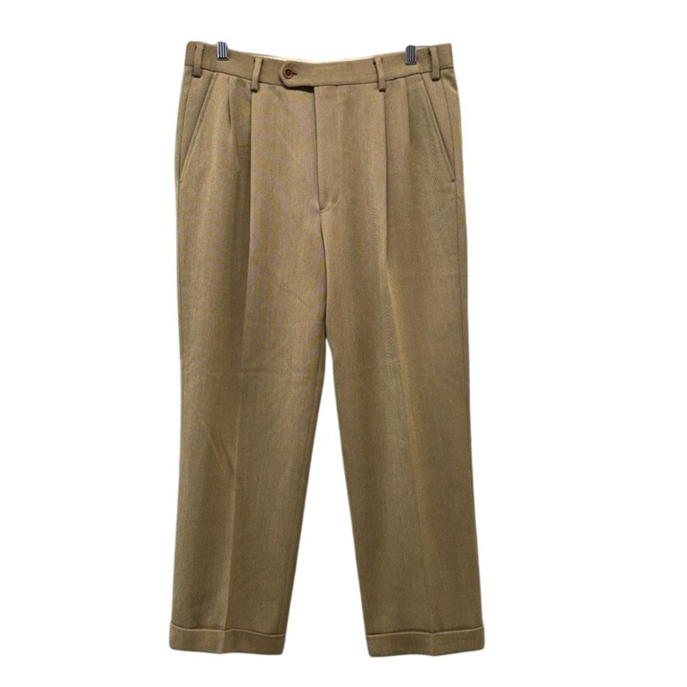 Brooks Brothers 100% Wool Pleated Cuffed Dress Pants Tan Mens 34 Made Canada